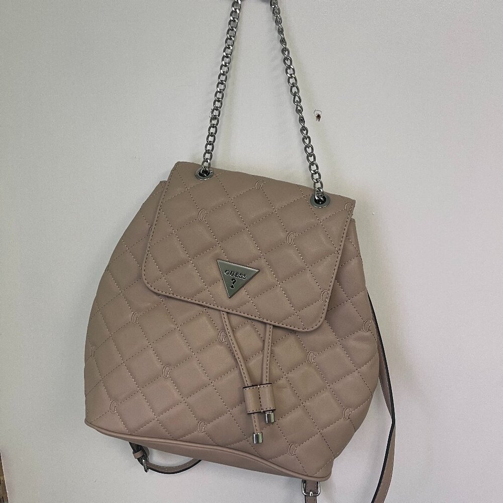 Guess Tan Quilted Backpack w/ Silver Hardware